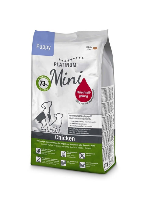 Platinum Mini Puppy Chicken torrfoder med 73% färskt kycklingkött, perfekt för små och medelstora valpar med känsliga magar och behov av en balanserad kost.