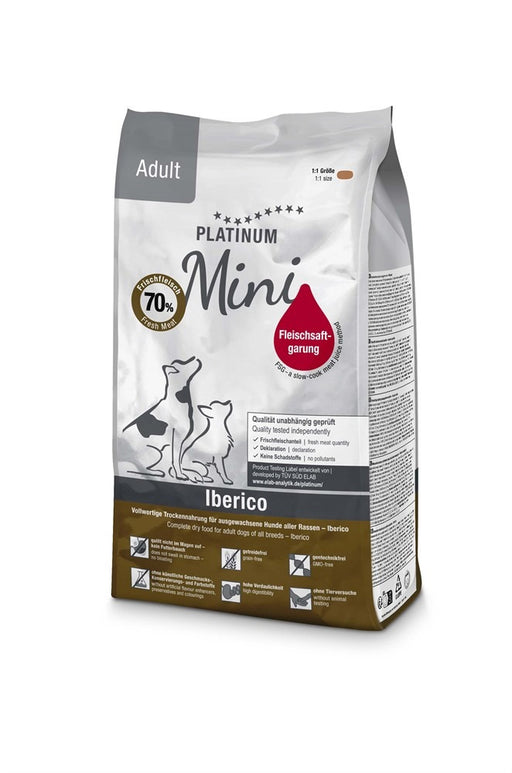 Platinum Mini Adult Iberico + Greens – Naturligt hundfoder med 70 % Iberico-fläskkött och grönsaker för vuxna små hundar.