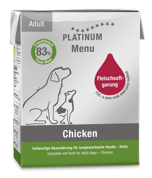 Platinum Menu Chicken våtfoder för vuxna hundar med 83 % färskt kycklingkött, tillagat med Fleischsaftgarung-teknik för optimal matsmältning och näringsupptag.