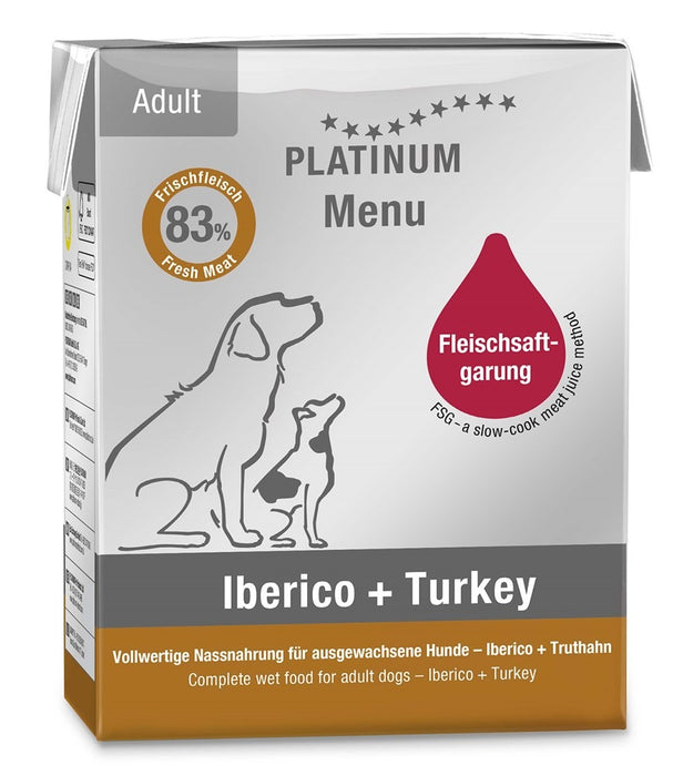 Platinum Meny Iberico + Turkey våtfoder med 42 % kalkonkött och 35 % iberiskt fläsk, tillagat i sin egen juice för optimal näring och smak, packat i Tetra Recart®-förpackning.