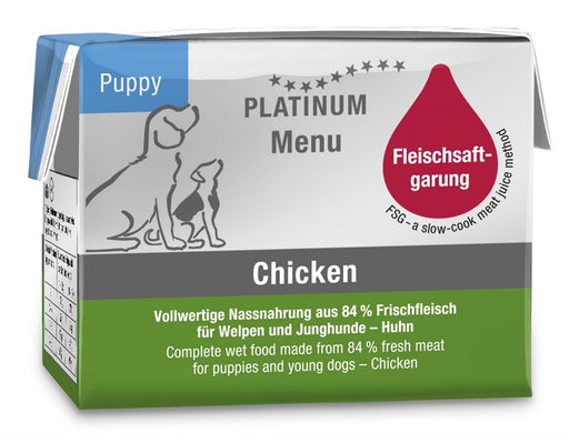 Platinum Meny Puppy Chicken våtfoder för valpar, tillagat med 84 % färskt kycklingkött och naturliga ingredienser. Lättsmält och näringsrik kost för hälsosam valptillväxt.