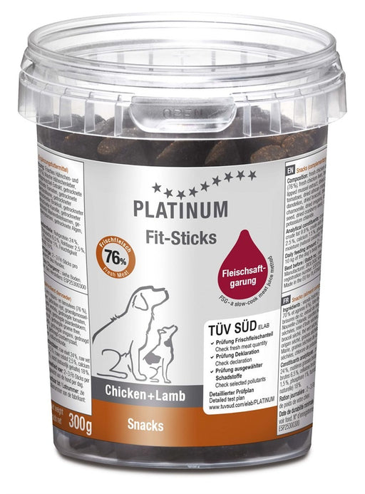 Platinum Fit Sticks Hundgodis med Kyckling och Lamm (300 g) är ett lågfetts och proteinrikt hundgodis med 76 % färskt kyckling- och lammkött, perfekt för daglig belöning.