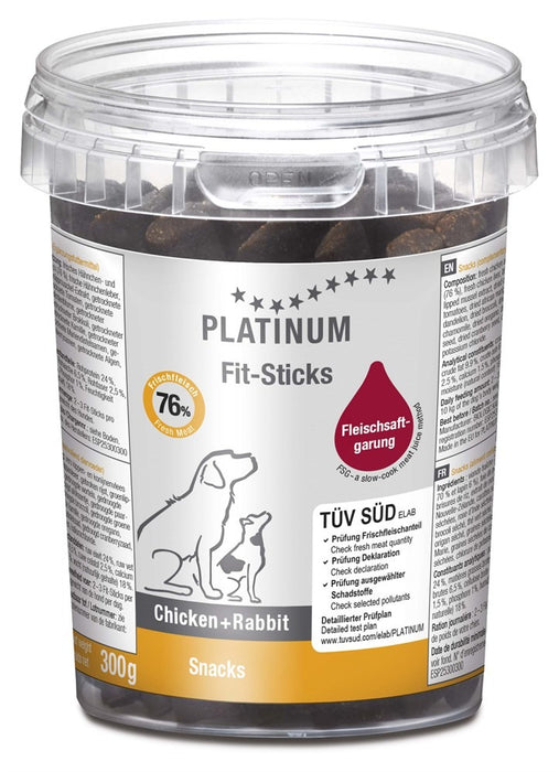 Platinum Fit Sticks Hundgodis Kyckling och Kanin (300 g) är en fettsnål och smakrik belöning med 76 % färskt kyckling- och kaninkött, perfekt för daglig utfodring.