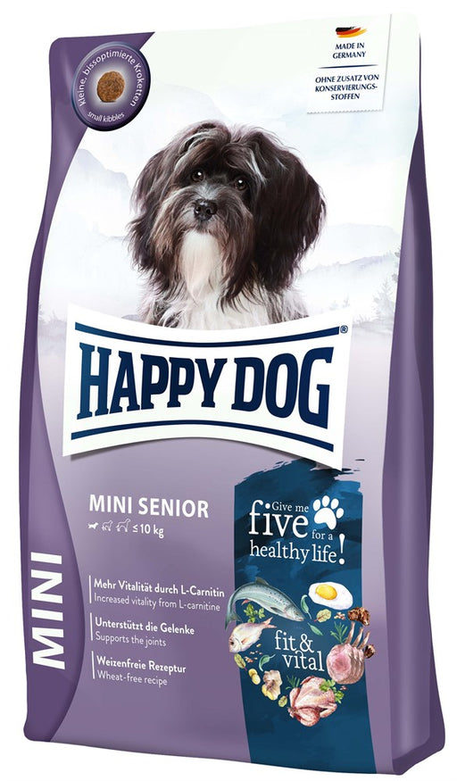 Happy Dog Senior Care foder för småvuxna hundar med L-karnitin och omega-fettsyror för vitalitet, starkt immunsystem, friska leder och en hälsosam hud och päls.