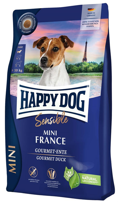 Happy Dog Mini Gourmet Duck spannmålsfritt foder för små hundar med känslig mage. Innehåller endast gourmetand som animalisk proteinkälla och är lättsmält och näringsrikt.