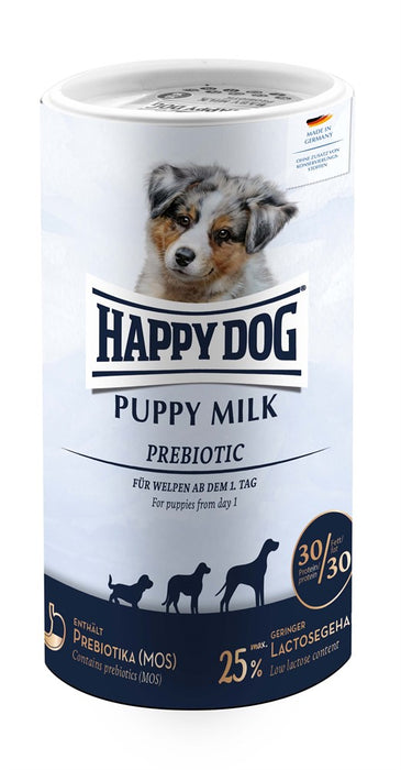 Happy Dog Puppy Milk valpmjölkspulver med låg laktoshalt och probiotiska kulturer. Perfekt för känsliga valpar och uppfödning utan modersmjölk.