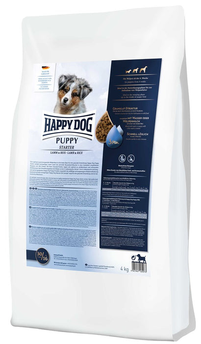 Happy Dog Puppy Starter Lamm & Ris – glutenfritt valpfoder med 30 % protein och nyzeeländsk mussla för sund tillväxt. Perfekt för valpar i avvänjningsfasen.