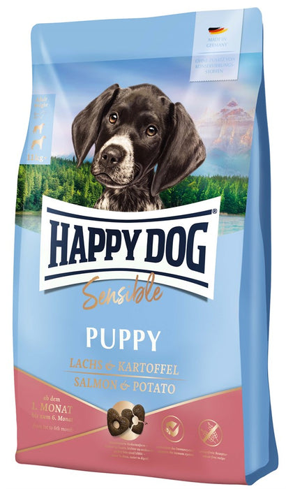 Happy Dog Sensible Puppy – glutenfritt hundfoder med lax och potatis, designat för känsliga valpar. Stödjer tillväxt, immunförsvar och främjar frisk hud och päls.