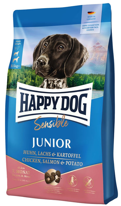 Happy Dog Sensible Junior Lax & Potatis – glutenfritt hundfoder för unghundar. Innehåller lax och potatis för känsliga magar, och stödjer tillväxt, leder och immunförsvar.