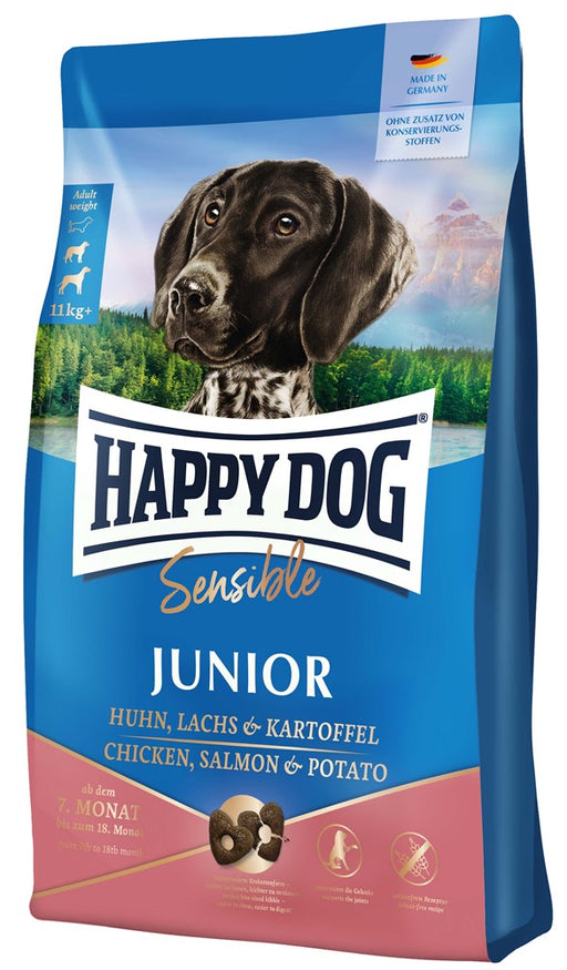 Happy Dog Sensible Junior Lax & Potatis – glutenfritt hundfoder för unghundar. Innehåller lax och potatis för känsliga magar, och stödjer tillväxt, leder och immunförsvar.