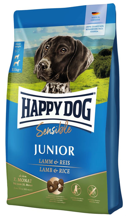 Happy Dog Junior Lamb & Rice – lättsmält hundfoder med lamm och ris. Perfekt för känsliga unghundar mellan 7 och 18 månader. Stödjer tillväxt, immunförsvar och muskelutveckling.