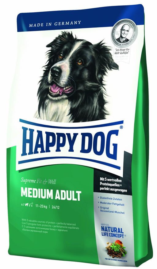 Happy Dog Fit & Vital Medium Adult – glutenfritt hundfoder med lax och lamm. Perfekt för medelstora hundar, stödjer hud, päls och leder med omega-fettsyror och nyzeeländsk mussla.