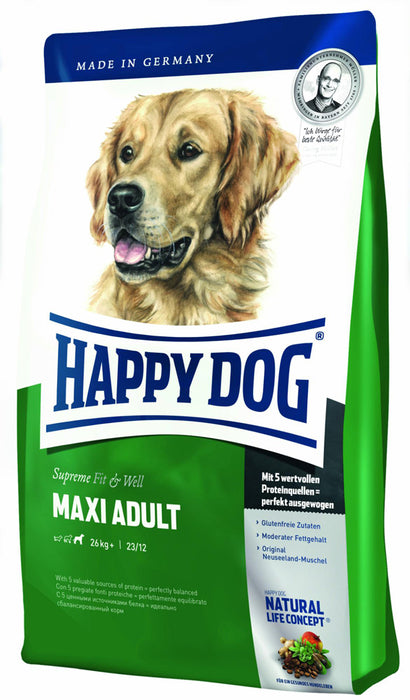 Happy Dog Fit & Vital Maxi Adult – helfoder för stora hundar över 26 kg. Fem proteinkällor, inklusive lax och lamm, för optimal hälsa och ledstöd. Glutenfritt och skonsamt.