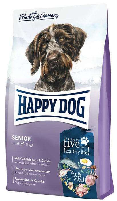 Happy Dog Fit & Vital Senior är ett hundfoder för äldre hundar med anpassat protein-, fosfor- och natriuminnehåll för att stödja organ, ledhälsa och en frisk päls.