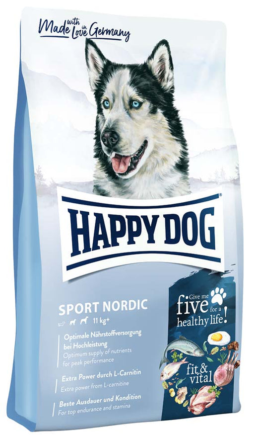 Happy Dog Fit & Vital Sport Nordic – högenergifoder för aktiva hundar, med L-karnitin, omega-fettsyror och grönläppad mussla för uthållighet, ledhälsa och muskelstöd.