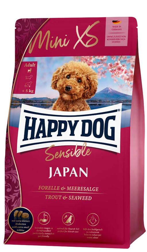 Happy Dog Sensible Mini Japan – glutenfritt hundfoder med öring, kyckling, tång och omega-3 för hudhälsa och glänsande päls, perfekt för små och mycket små hundraser.