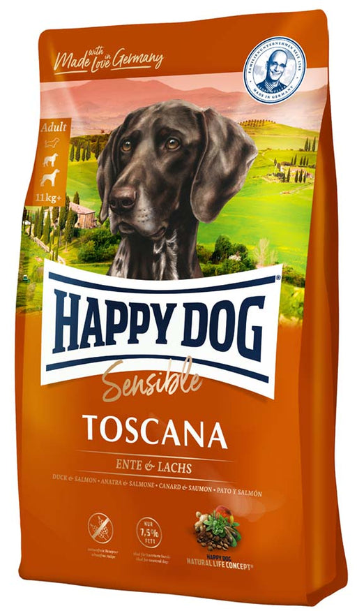 Happy Dog Sensible Toscana – glutenfritt hundfoder med anka, lax, omega-3 och omega-6 fettsyror för frisk hud och glänsande päls. Stödjer leder med nyzeeländsk mussla.