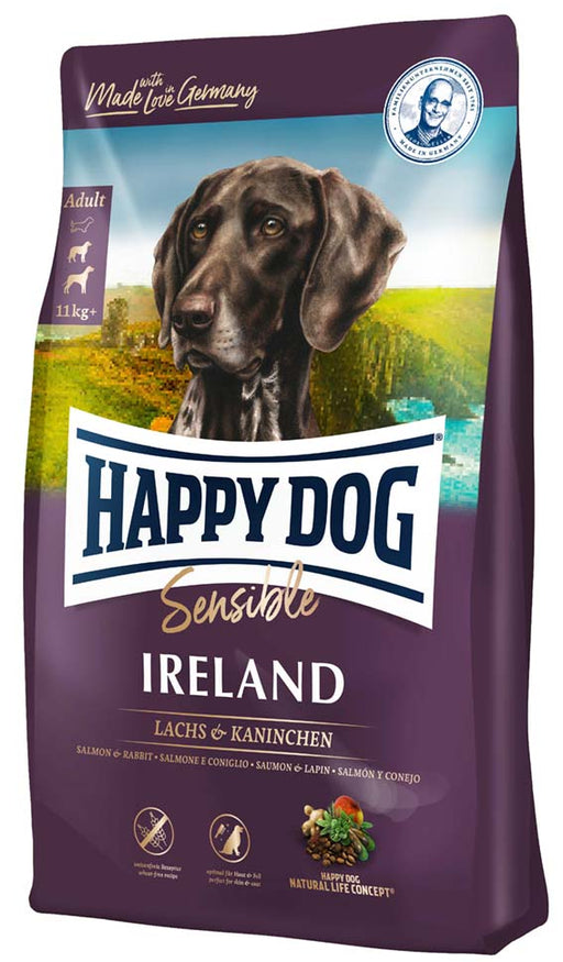 Happy Dog Sensible Ireland – glutenfritt hundfoder med lax och kanin för känsliga hundar. Främjar hudhälsa och glänsande päls med omega-fettsyror och musselkött för ledhälsa.