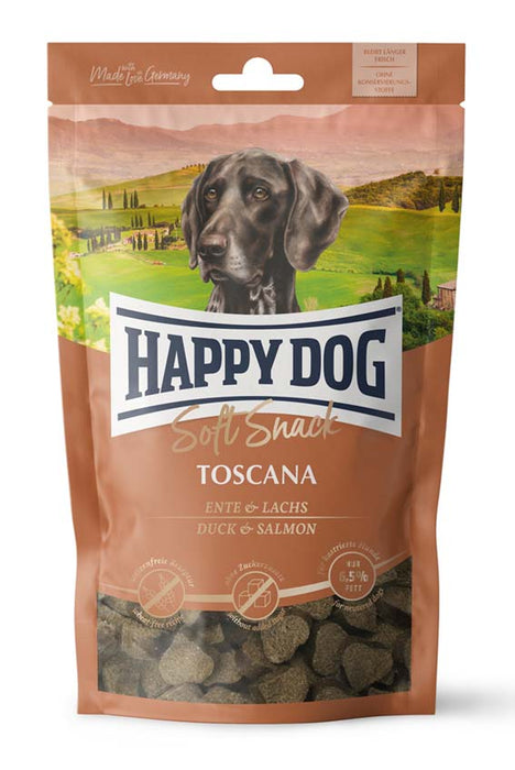 Snack Toscana hundgodis med anka, lax och medelhavsörter. Låg fetthalt på 6,5 % för viktkontroll, utan tillsatt socker eller konserveringsmedel. Vetefritt recept för känsliga hundar.