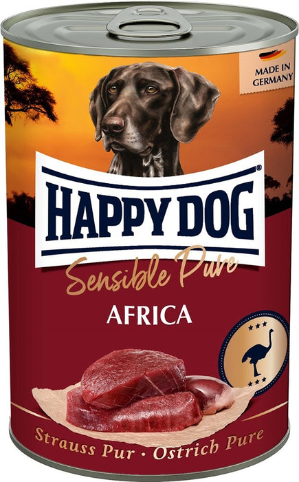 Happy Dog Pure våtfoder med 100 % animaliskt protein från färskt kött. Spannmålsfritt, sojafritt och utan tillsatt socker, idealiskt för hundar med allergier eller intoleranser.