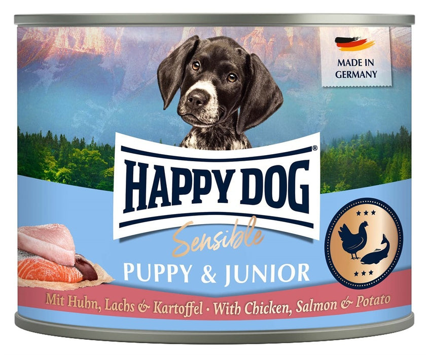 Happy Dog Sensible Puppy & Junior våtfoder med över 90 % animaliskt protein från kyckling och lax, glutenfritt och perfekt för valpar från 8 veckors ålder. Stödjer harmonisk tillväxt.