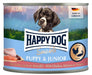 Happy Dog Sensible Puppy & Junior våtfoder med över 90 % animaliskt protein från kyckling och lax, glutenfritt och perfekt för valpar från 8 veckors ålder. Stödjer harmonisk tillväxt.