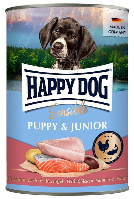 Happy Dog Sensible Puppy & Junior våtfoder med över 90 % animaliskt protein från kyckling och lax, glutenfritt och perfekt för valpar från 8 veckors ålder. Stödjer harmonisk tillväxt.