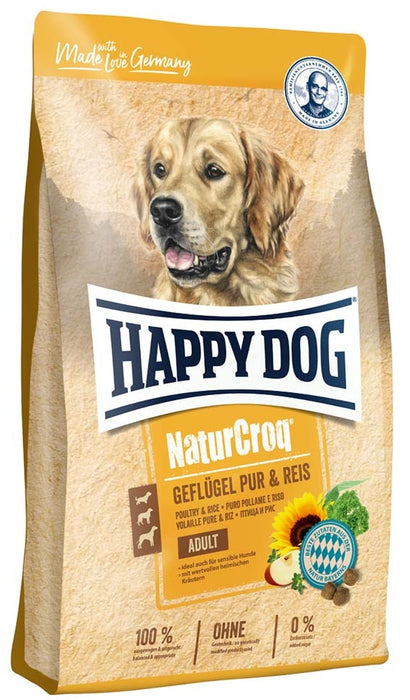 Happy Dog NaturCroq Kyckling & Ris är ett naturligt hundfoder med lättsmält kyckling och ris. Perfekt för vuxna hundar med normal aktivitetsnivå som behöver balanserad näring.