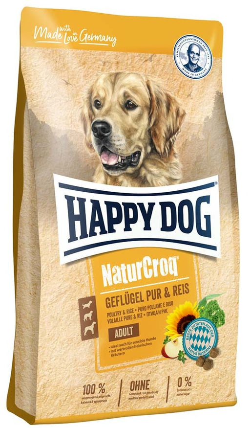 Happy Dog NaturCroq Kyckling & Ris är ett naturligt hundfoder med lättsmält kyckling och ris. Perfekt för vuxna hundar med normal aktivitetsnivå som behöver balanserad näring.