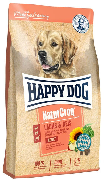 Happy Dog NaturCroq Lax & Ris är ett näringsrikt hundfoder med lättsmält lax och ris, berikat med omega-3 och omega-6 för frisk hud och glänsande päls. Perfekt för känsliga hundar.