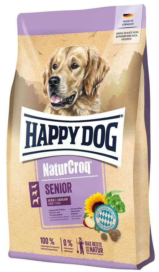 Happy Dog NaturCroq Senior är ett balanserat torrfoder för äldre hundar med låg proteinhalt och naturliga ingredienser som fjäderfä och fullkorn. Skonsamt för känsliga magar.