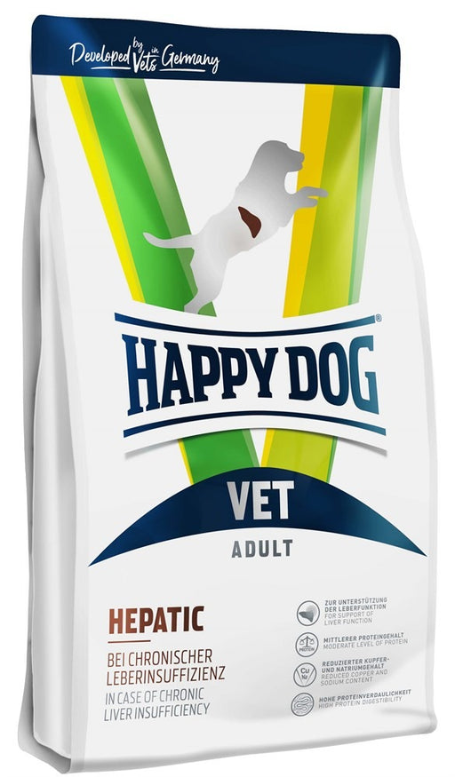 Happy Dog VET Diet Hepatic hundfoder, specialutvecklat för att stödja leverfunktion vid kronisk leverinsufficiens. Lättsmält protein, mjölktistel och låg kopparhalt.