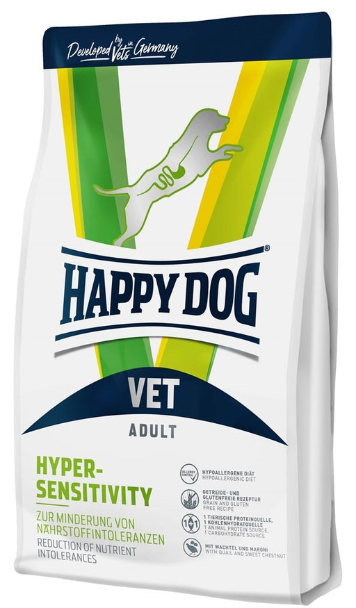 Happy Dog VET Diet Hypersensitivity är ett allergivänligt foder för hundar med intolerans, tillverkat med vaktel och söt kastanj. Spannmålsfritt, glutenfritt och berikat med omega-fettsyror.