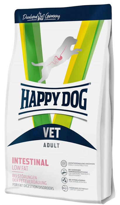 Happy Dog VET Diet Intestinal Low Fat dietfoder för hundar med matsmältningsproblem, pankreasinsufficiens och fettintolerans. Lättsmält och fettfattigt för skonsam matsmältning.