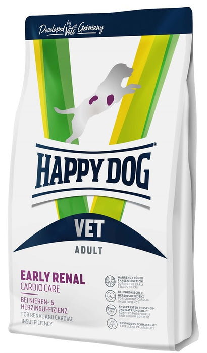 Happy Dog VET Diet Early Renal & Cardio Care torrfoder för hundar, utvecklat för tidiga stadier av njursvikt och hjärtsvikt. Innehåller justerat protein, natrium och fosfor för njuravlastning.