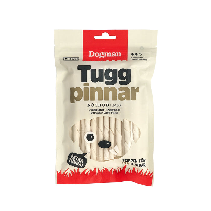 Extra tunna tuggpinnar av högkvalitativ råhud, perfekta för små hundar och främjar en sund tandhälsa.