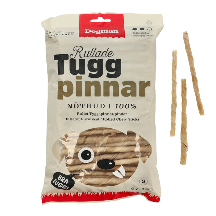 Naturliga tuggpinnar av obehandlad, högkvalitativ råhud som förlänger tuggtiden och främjar tandhälsan hos hundar.