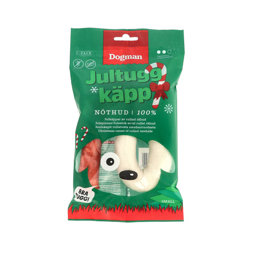 Jultugg käpp för hund, tillverkad av naturlig rullad råhud. Perfekt för att förlänga tuggtiden och främja tandhälsan under julen.