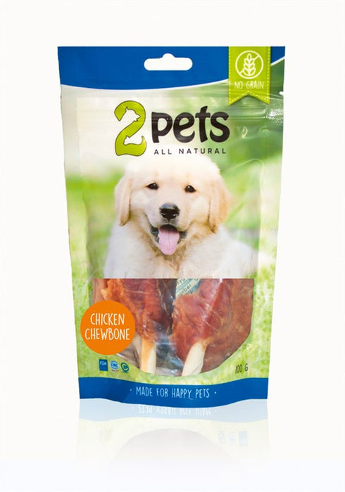 2Pets Dogsnack Chicken Chewbone med 75,8 % kyckling och 20 % nöthud, tillverkad av naturliga råvaror. Låg fetthalt (4 %) och godkänt enligt EU och FDA för säker kvalitet.