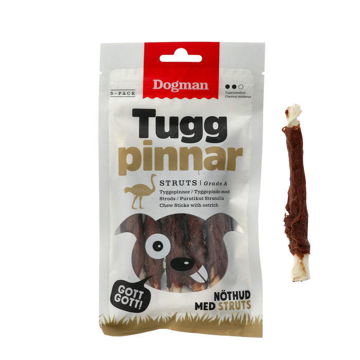 Tuggpinnar inlindade i delikat strutskött, utformade för att tillgodose tuggbehov och stödja hundens tandhälsa.