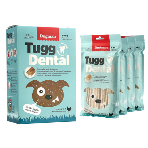 TuggDental – spannmålsfritt hundtugg med råhud och kyckling, designat för att rengöra tänder och minska plack med stjärnform.