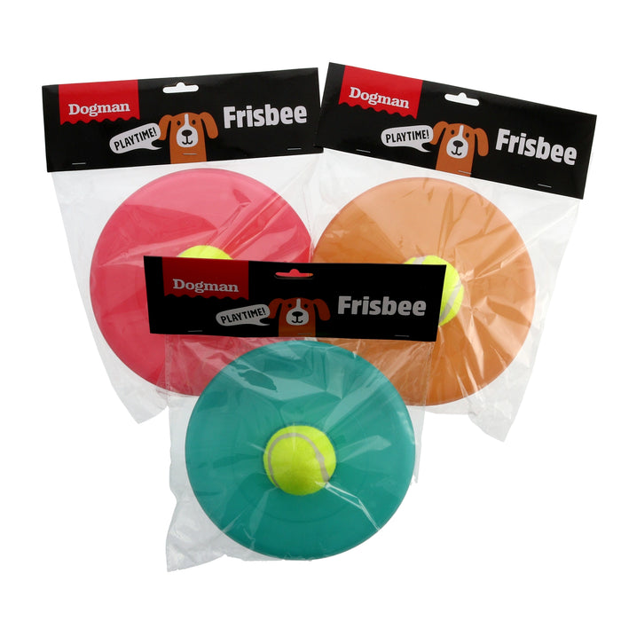 Frisbee med boll i mitten som är lättare för hunden att plocka upp, finns i olika färger.