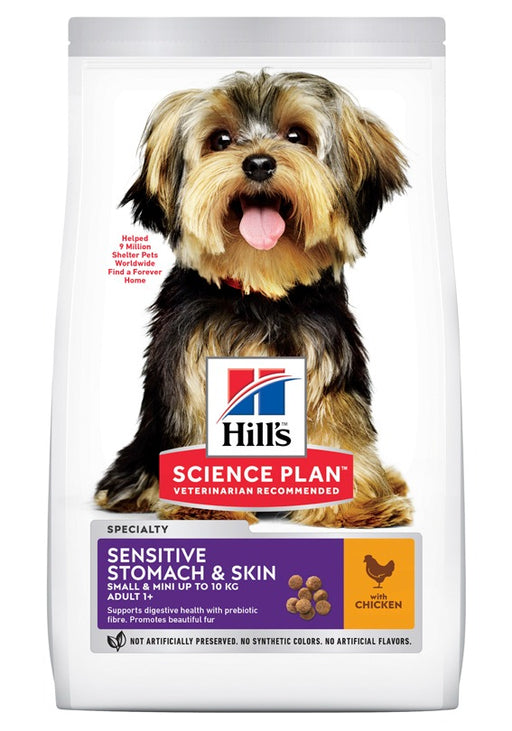 Hill's Science Plan Dog Adult Small & Mini Sensitive Stomach & Skin Chicken är ett näringsrikt torrfoder för vuxna små hundar med känslig mage och hud, med kyckling och kalkon samt prebiotiska fibrer.