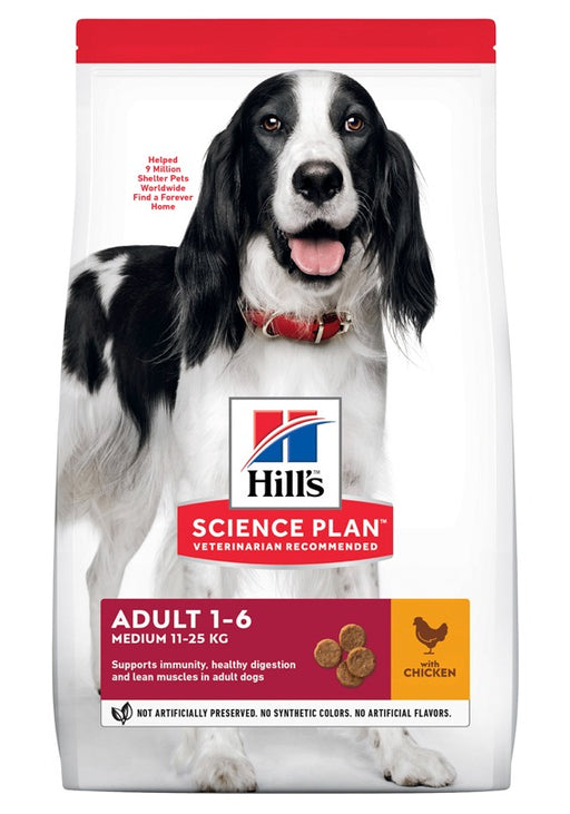 Hill's Science Plan Canine Adult Medium Chicken är ett näringsrikt torrfoder för vuxna hundar med kyckling, omega-6 och vitamin E för en frisk hud och glansig päls samt prebiotiska fibrer för matsmältningshälsa.