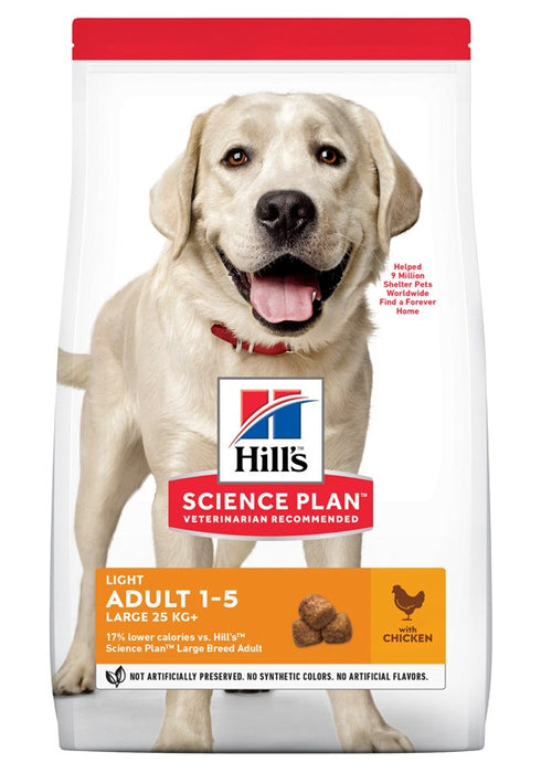 Hill's Science Plan Canine Light Adult Large Breed Chicken är ett torrfoder med 15% färre kalorier, idealiskt för stora hundar som behöver viktkontroll och hälsosamma leder.