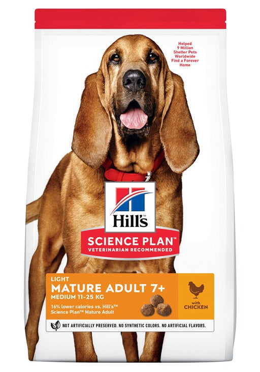 Hill's Science Plan Mature Adult Light Medium Breed Chicken, torrfoder för äldre hundar, främjar viktkontroll, hudhälsa och glansig päls med lägre energiinnehåll och Omega-6 fettsyror.