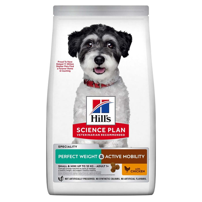 Hill's Science Plan Dog Perfect Weight & Active Mobility Adult Small & Mini with Chicken – hundfoder med kyckling för små hundar, främjar viktkontroll och rörlighet.