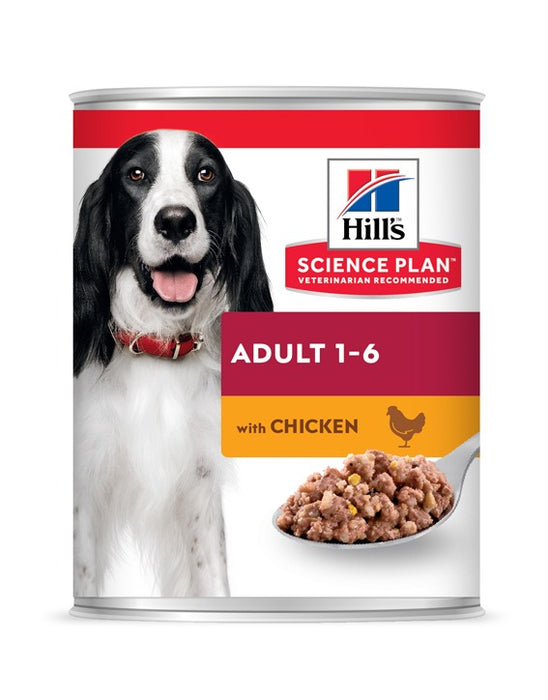 Hill's Science Plan Canine Adult Chicken Formula våtfoder för vuxna hundar, innehåller kyckling och näringsrika ingredienser som främjar muskelbyggnad, hudhälsa och glänsande päls.