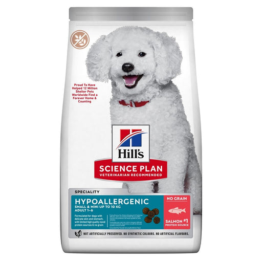 Hill's Science Plan Canine Adult Hypoallergenic Small & Mini Salmon – Spannmålsfritt torrfoder med lax och tonfisk för små vuxna hundar med känslig hud och mage.