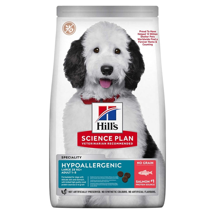 Hill's Science Plan Hypoallergenic Canine Adult Large Salmon – Spannmålsfritt torrfoder med lax och tonfisk för vuxna hundar med känslig hud och mage.